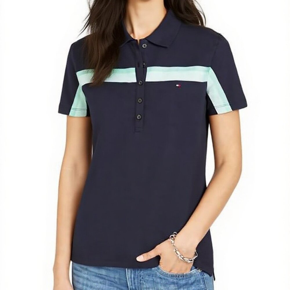 ✨Tommy Hilfiger Women’s Polo S/P Navy & Green Stripes – Classic Preppy Style✨ - Picture 2 of 5